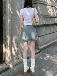 YEAE | YKK 复古蓝色高腰褶皱A字裙 - 淺色水洗藍 - 查看 2