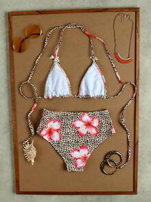 Ladies' Leopard Print Hibiscus Floral Halter Tie-Up Split Bikini, Sexy Vacation Style Two Pieces Swimsuit Set For Women's 2026 Spring Summer, Fashion Swimwear Perfect For Beach, Summer Vacation, Birthday Outfits, Gym Wear, Elegant Dress And Daily Going Out Looks - Multicolor - View 3
