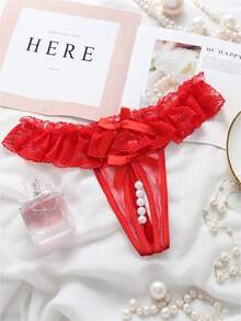 1 Pieza Tanga Sexy De Encaje Sin Entrepierna Con Detalle De Perla De Masaje - Rojo - Ver 4