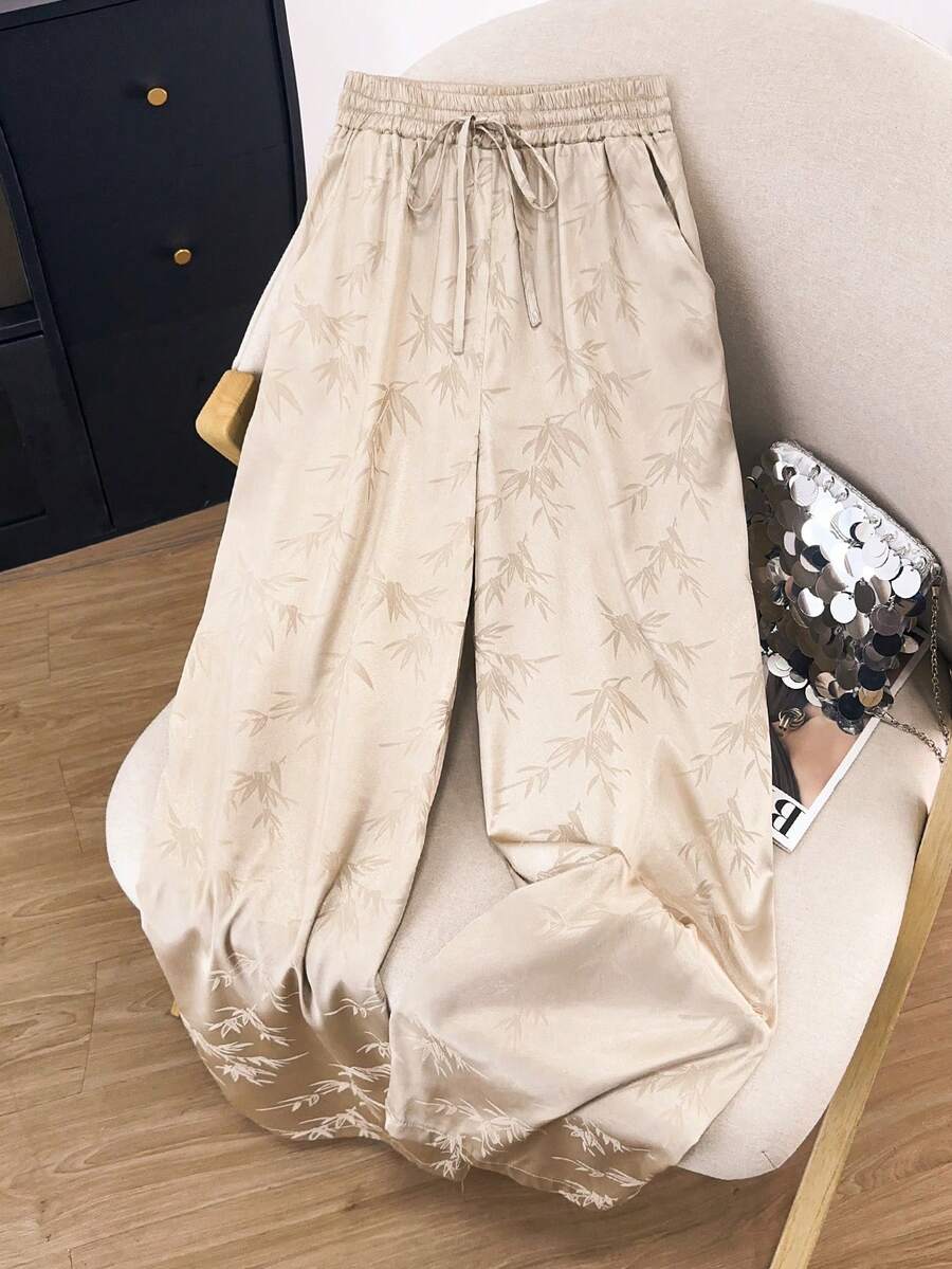 Floral & Leaf Print Drawstring Pocket Jacquard Satin Pants, Suitable For Dates, Vacation, All Seasons - Apricot - View 1