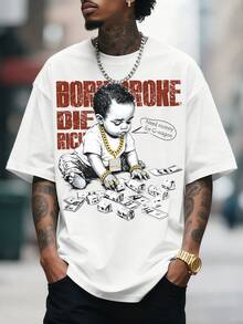 Men's Loose Child & Money Print Round Neck Short Sleeve T-Shirt | Exquisite Design | Summer Essential | Easy To Match - White - View 3
