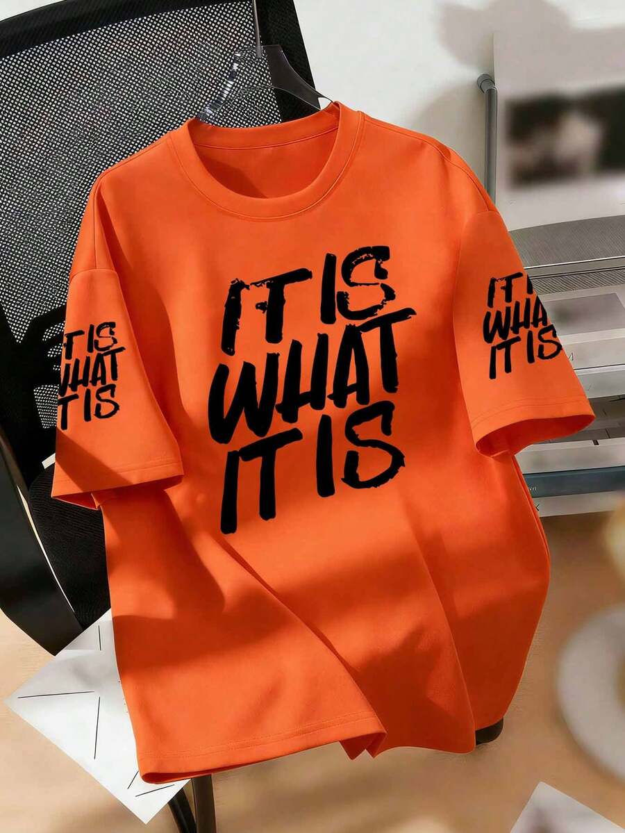 大尺碼女款 T 恤,印有「IT IS WHAT IT IS」字樣,適合春夏穿著,適合日常穿著 - 橘色 - 查看 1