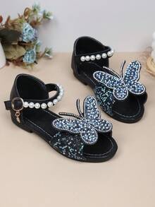 1 Pair Black Soft Leather Toddler/Little Girls' Flat Sandals With Colorful Rhinestone Butterfly Decor, Classic Open Toe, Non-Slip Soft Sole, Strap Design, Fashion Princess Sandals For 3-12 Years Old, Suitable For Daily, Holiday, Party Wear, Spring/Summer 2026 - Black - View 2