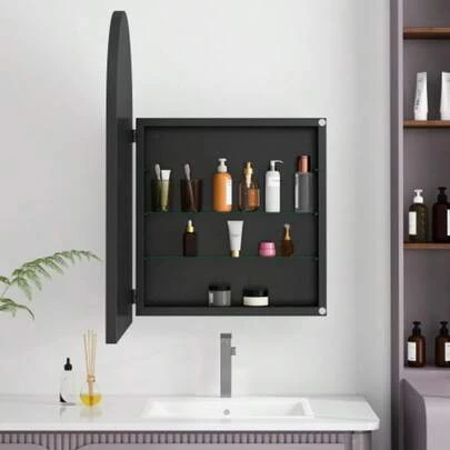 Stylish Arched Mirror Cabinet, Recessed Medicine Cabinet, Wall Cabinet With Metal Framed, Mirror And Adjustable Shelves, Mirror Cabinet With Storage For Bathroom, Living Room And Bedroom, Black