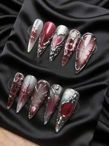 Mười bộ móng giả cao cấp, sang trọng, được làm thủ công, kiểu móng lò xo, móng giả handmade, móng giả dán cho ngày Valentine, kiểu dáng dài hình hạnh nhân, nghệ thuật làm móng, quà tặng ngày Valentine cho phụ nữ, phù hợp cho các cô gái và quý cô đeo đi dự tiệc hoặc các dịp hàng ngày. Dụng cụ làm móng, móng giả dán handmade. - Nhiều màu - Xem 3