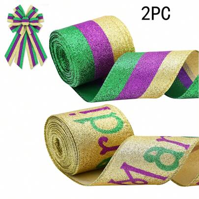 2 rolki, wstążka materiałowa na Mardi Gras, 2,5 cala x 10 jardów, wstążki z drucianym brzegiem, brokatowa, żółta, fioletowo-zielona wstążka, wstążka w paski, do wieńców, na karnawał, maskaradę, do majsterkowania, do pakowania prezentów, na imprezę