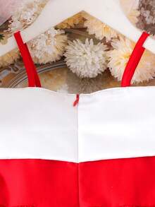 2pcs/Set Young Girls' Vintage Elegant Off-Shoulder Cinched Waist Dress & Bucket Hat, Summer - Red - View 6