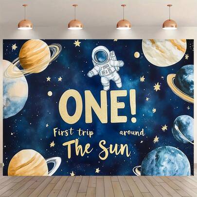 1 Piece Space-Themed 1st Birthday Party Backdrop, Astronaut And Planet Photo Booth Background With "ONE! First Trip Around The Sun" Design, Perfect For 1st Birthday Celebration Decorations, 1-Year-Old Baby's "Space-Themed Birthday Party" Home Decor, And Space Party Photo Booth Background Decor.