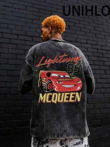 Disney UNIHLO Lightning Mcqueen Printed Summer Heavyweight Retro Washed Street Fashion Casual T-Shirt - 黑色 - 查看 2