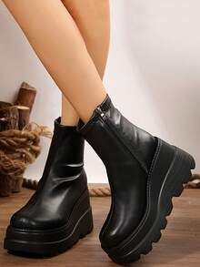 新款高跟坡跟踝靴，秋冬季，增高鞋，复古拉链靴，厚底，百搭 - 913黑色 - 查看 3