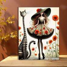 1 pieza de impresión de arte en lienzo enmarcado - Gato y niña caprichosos en vestido floral, decoración de pared interior para dormitorio, sala de estar o oficina, 30.48x40...64 cm, sin marco, arte de pared moderno e inspirador, arte de pared para dormitorio| Diseño Juguetón| Colores Vibrantes, Decoración de Gatos - Multicolor - Ver 1