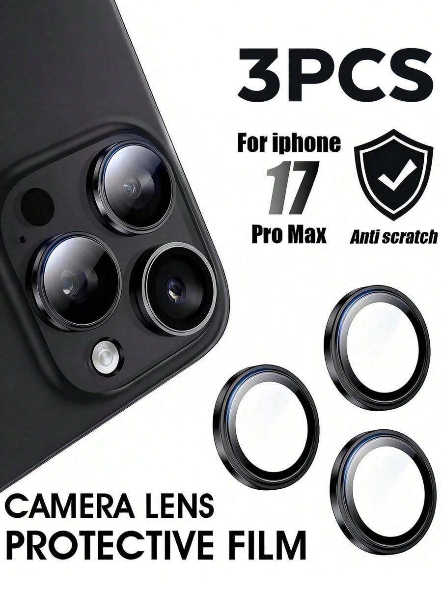 3片装黑色仿鹰眼钢化玻璃镜头保护膜，防水、防刮、不易碎裂，兼容 11/12/13/14/15/16/16 Plus/16 Pro/16 Pro Max/17/17 Air/17 Pro/17 Pro Max系列