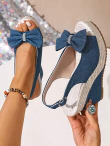 Teenage Platform Sandals, Women's New Summer Thick Bottom Non-Slip Fashion Denim Bow Tie Versatile Wedge Peep Toe Sandals - Blue - View 6