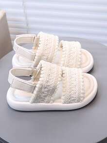 1 Pair Girls' Lace Trim Roman Sandals, Soft Sole Comfortable Casual Flat Beach Shoes, Summer - Beige - View 5