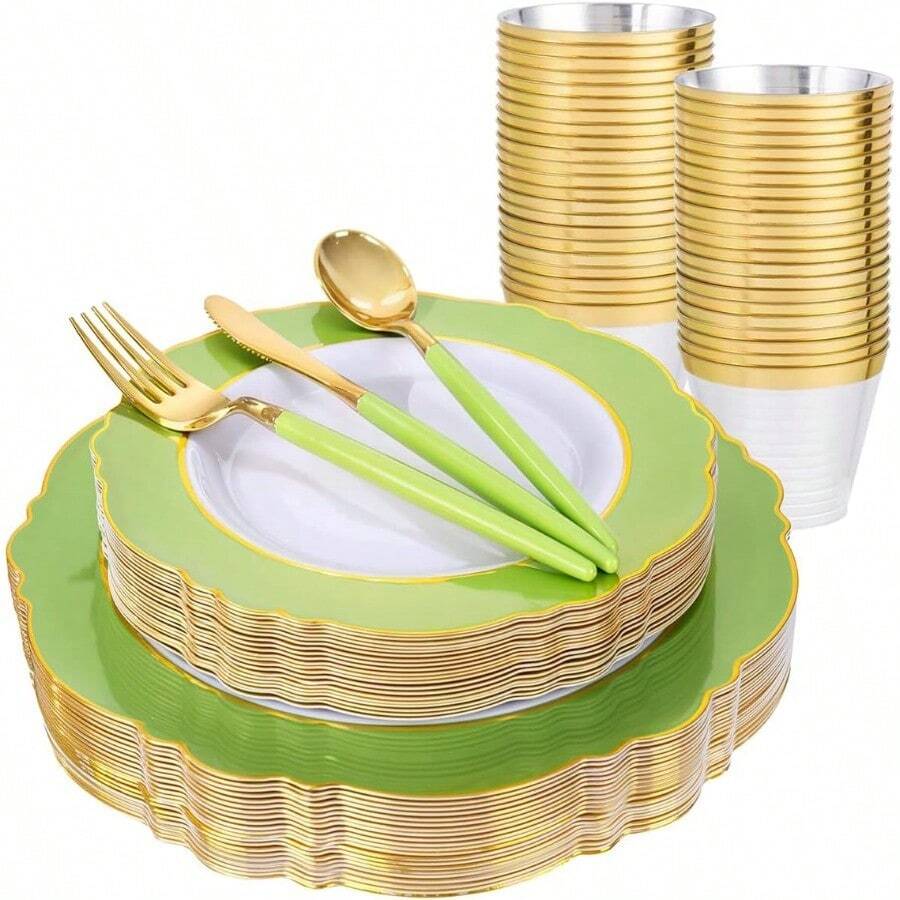 150Pcs Green Plates Disposable - Baroque Green And Gold Plates - 25Guest Plastic Dinnerware Ideal For Party/Spring/Picnic - 綠色和金色 - 查看 1