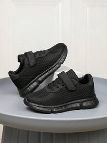 1 Pair New Kids Hook & Loop Sports Shoes, Breathable Mesh Upper, Non-Stuffy, Black, Soft Sole, Comfortable, Durable, Versatile Casual Sneakers For Boys And Girls, Ultra Lightweight, Soft Sole, Shock Absorbing - Black - View 6