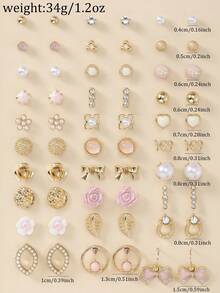30 Pairs Rose Flower, Bow, Rhinestone, Faux Pearl, Letter Stud Earrings Assorted Styles Set For Women - Multicolor - View 5