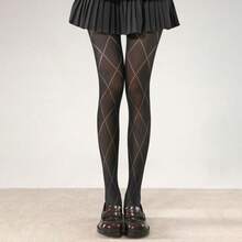 Pantimedias delgadas y elásticas con diseño de diamantes calados, de malla de seda blanca adelgazante y anti-enganches - negro - Ver 3
