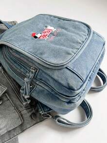 1pc Solid Color Cute Puppy Cartoon Embroidered Denim Fabric Zipper Closure Fashion Casual Messenger Bag/Backpack For Men, Suitable For Daily Commute, Work, School, Outing, Short Trip - Light Blue - View 5
