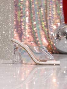 Modne damskie eleganckie sandały na wysokim obcasie, wiosenno-letnie, zdobione kryształową kokardką, oddychające, odkryte palce i tył, kryształowe, przezroczyste, grube obcasy, odpowiednie na letnie imprezy, wesela, spotkania, zakupy, codzienne stroje plażowe, pasujące do sukienek, spódnic i bluzek