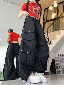 女士抽绳腰带嘻哈宽松亮片阔腿工装裤 黑色 春季 - 黑色 - 查看 5