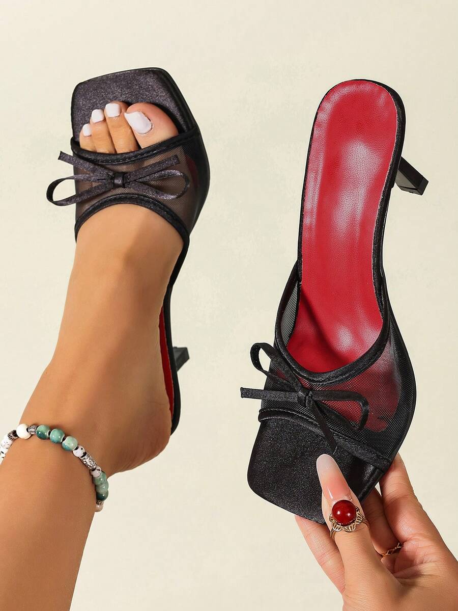 Black Open Toe Mesh Breathable High Heel Sandals, Minimalist Stiletto Heels, Versatile Summer Women's Sandals