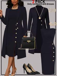 女士优雅两件套，纯色长袖开衫西装外套 + 无袖纽扣中长连衣裙，秋冬春季 - 藏青23 - 查看 3