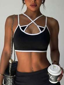 女士黑白时尚可拆卸衬垫前后背心式运动针织文胸 - 黑色 - 查看 5
