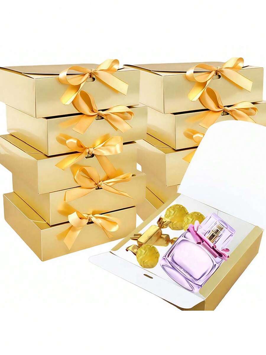10pcs Golden Bow Gift Box, Bridesmaids Invitation Gift Box, Luxury Golden Ribbon Gift Box, Wedding Gift Box, Birthday Gift Box, Party Gift Box, Bridesmaids Gift Box, Graduation Gift Box, Valentine's Day Gift Box - Multicolor - View 1
