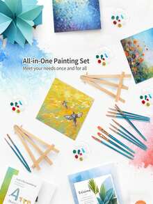 8Pcs 12 Colors Acrylic Paints With 5*7 In & 6*6In Flat Canvas Board And Easel Stand Set, Flat And Round Tip Small Paint Brushes, Palette Trays, Disposable Art Apron Smocks, Rainbow Tote Bags, Painting Drawing Supplies Versatile Painting Starter Kit For Art Classes Group Painting, Paint And Sip Parties, Date Night Couple Games
