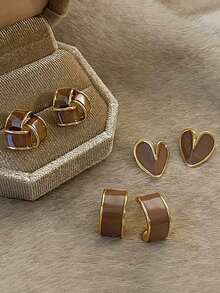 3对简约优雅柔美高端几何心形珐琅水滴耳环套装，适合女性日常、通勤、度假、派对佩戴 - 棕色 - 查看 6