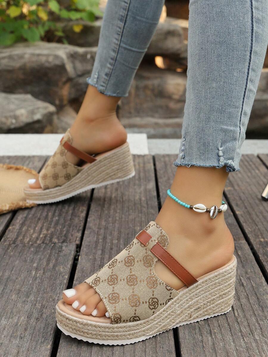 Women's Straw Wedge Rope Open Toe Slippers, Thick Sole Elevated Sandals For Summer Outdoor Wear - Flower Brown - View 1