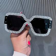 1pc Frameless Square Unisex Thick Leg Rimless Rhinestone Embellished Fashion Glasses, Fashionable & Versatile - Gray Frame Gray Chain - View 5