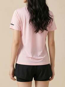 2pcs Women's Activewear Set, Geometric Mesh Panel Round Neck Short Sleeve T-Shirt And 2-In-1 Running Shorts For Gym & Workout Summer Sports - Pink - View 4