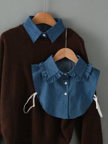 1件女士牛仔休闲衬衫，配有可拆卸领子，包括立领、尖领、圆领、荷叶领等多种款式，多功能可拆卸领，适合秋冬季服装搭配。