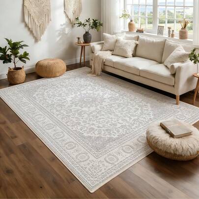1pc White Bohemian Style Vintage Print Area Rug, Plush Fabric, Soft & Comfortable Touch, Easy Maintenance, Non-Slip Backing, Suitable For Lobby, Bedroom, Living Room, Bathroom, Kitchen, Dining Room, Office, Room Decor And Doormat, Holiday Celebration
