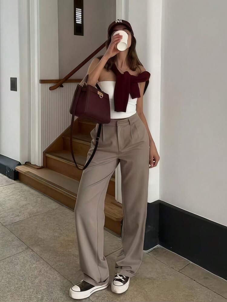 Women's Elegant Vintage High-Waisted Suit Pants, Classic Versatile Loose Fit Draping Effect Trousers, Machine Washable, Easy Care, Perfect For Casual Or Formal Occasions, Suitable For All Seasons, No Belt - Camel - View 1