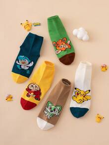 5 Pairs Pokemon Series Pikachu Patterned Interesting Cartoon Cute Colorful Jacquard Crew Socks, Sports Socks, All Season, European & American Size, Comfortable Breathable , Vibrant Colors, Suitable For Daily Wear, Premium Fabric, Non-Sweaty - Multicolor - View 8