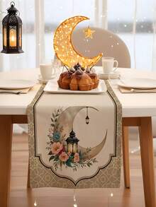 1pc Ramadan Style Polyester Table Runner, Floral Moon & Star Decor Table Runner, Suitable For Home, Restaurant, Dining Table Decoration, Household Items