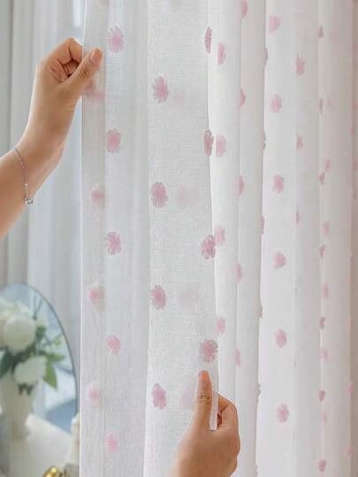 1 Panel & 2 Panels Pink Polka Dot Fluffy Ball Sheer Curtains, Modern Minimalist Style, Rod Pocket Design, Translucent But Not See-Through, Washable, Easy Care, Suitable For Living Room, Bedroom, Various Room Types