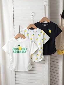 3pcs/Set Girls Casual Fruit & Letter Print Decorative Waist Short Sleeve T-Shirts, Spring/Summer - Multicolor - View 2