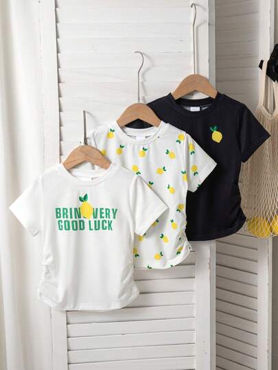 3pcs/Set Girls Casual Fruit & Letter Print Decorative Waist Short Sleeve T-Shirts, Spring/Summer