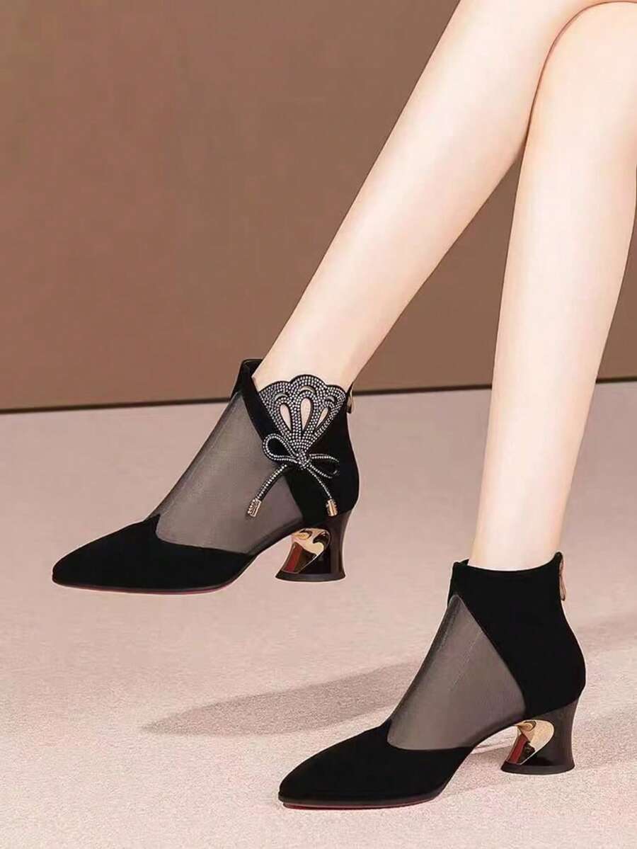 女士时尚高跟鞋,网眼拼接透气一脚蹬鞋,水钻装饰粗跟礼服鞋,春夏款 - 黑色 - 查看 1