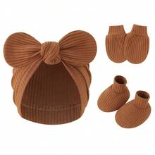 Newborn Baby Bow Print Hat, Scratch Mittens & Foot Covers Set - 3pcs - View 15