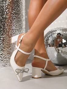 新款时尚女士尖头婚鞋，镂空粗跟白色蝴蝶结休闲舒适高跟鞋 - 白色 - 查看 3