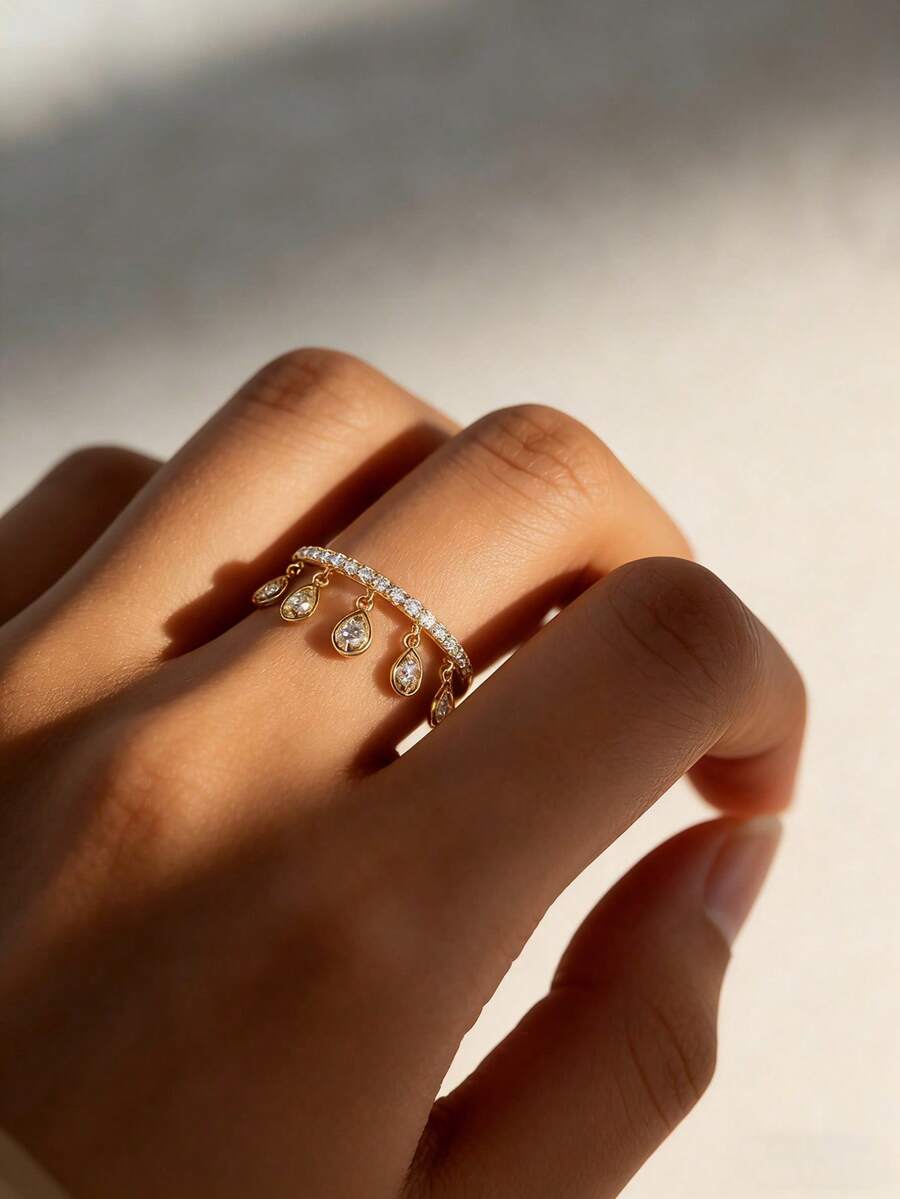 1pc Elegant Tassel Rhinestone Adjustable Women's Ring, Suitable For Daily Wear, Sparkling Finger Accessory, Holiday Gift - Multicolor - View 1