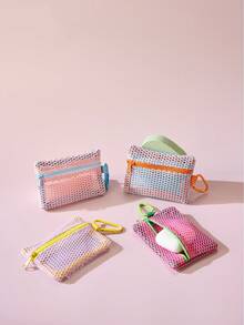 小型网状拉链化妆包，多种颜色可选，包含便捷零钱包、钥匙扣、卡包和口红盒，女士化妆包，户外便携收纳包，小型化妆包，口红补妆包 - 彩色 - 查看 5