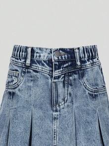 Conjunto de blusa de manga corta con estampado de dibujos animados y falda de mezclilla para niña adolescente - Blanco - Ver 6