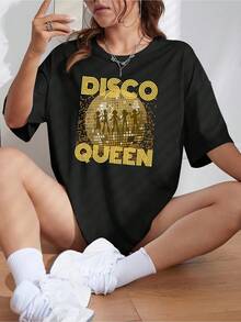 1 Pc, Y2K Retro T-Shirt Women's T-Shirts Disco Ball Dancing Silhouettes Gold 100%, Breathable-4 - 黑色 1 - 查看 2