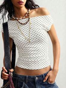 Teen GirlWhite Knit Casual Polka Dot Asymmetric Pattern Set (YY1122) - White - View 1